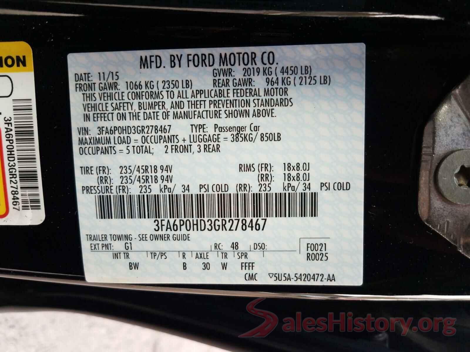 3FA6P0HD3GR278467 2016 FORD FUSION