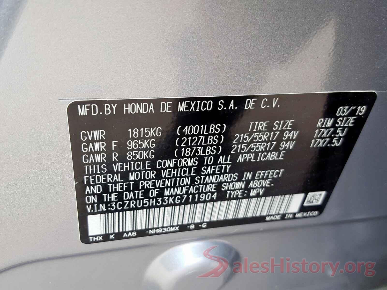 3CZRU5H33KG711904 2019 HONDA HR-V