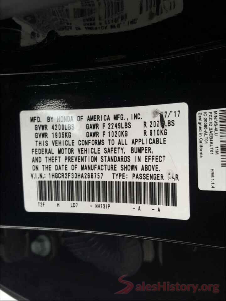 1HGCR2F33HA268757 2017 HONDA ACCORD