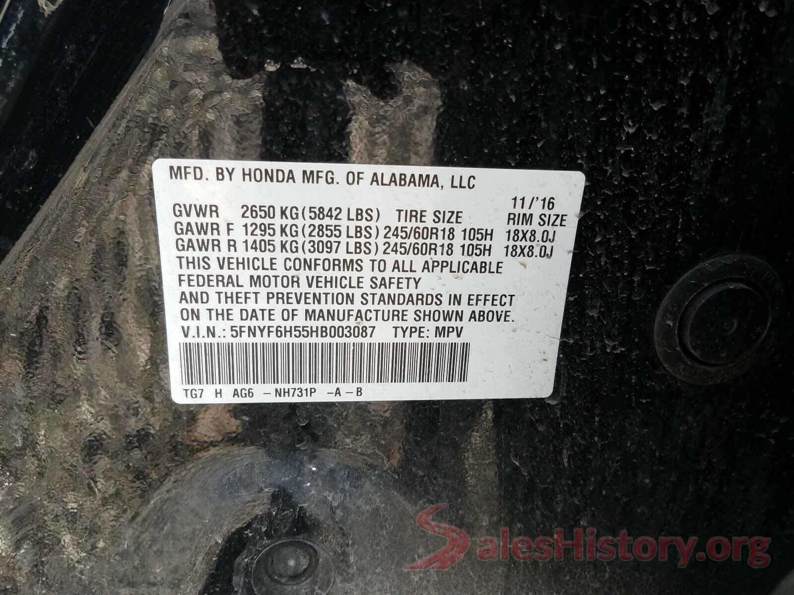 5FNYF6H55HB003087 2017 HONDA PILOT