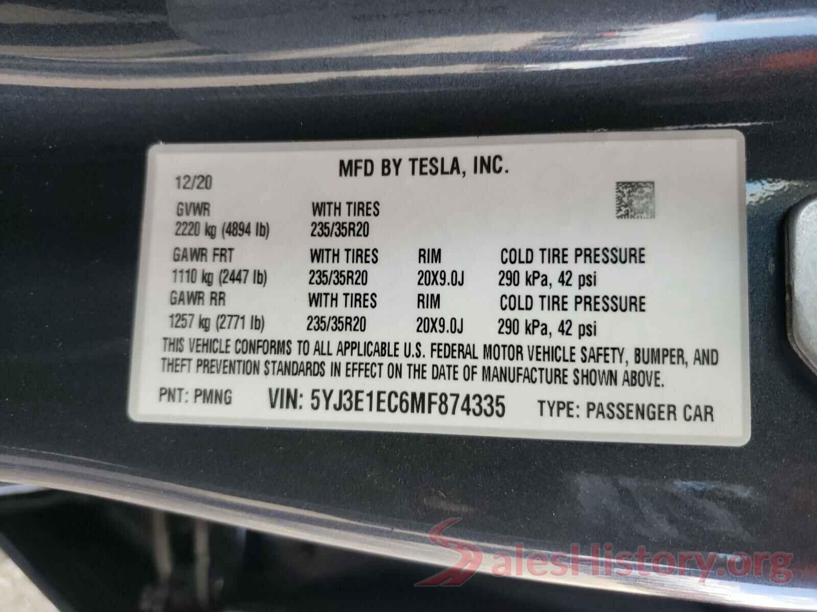 5YJ3E1EC6MF874335 2021 TESLA MODEL 3