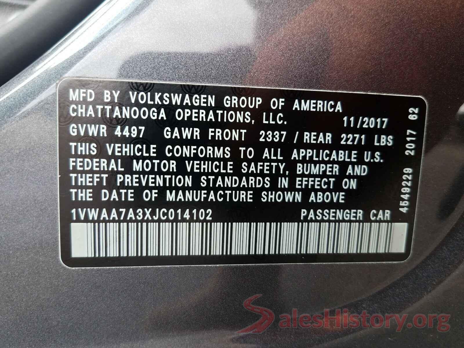 1VWAA7A3XJC014102 2018 VOLKSWAGEN PASSAT