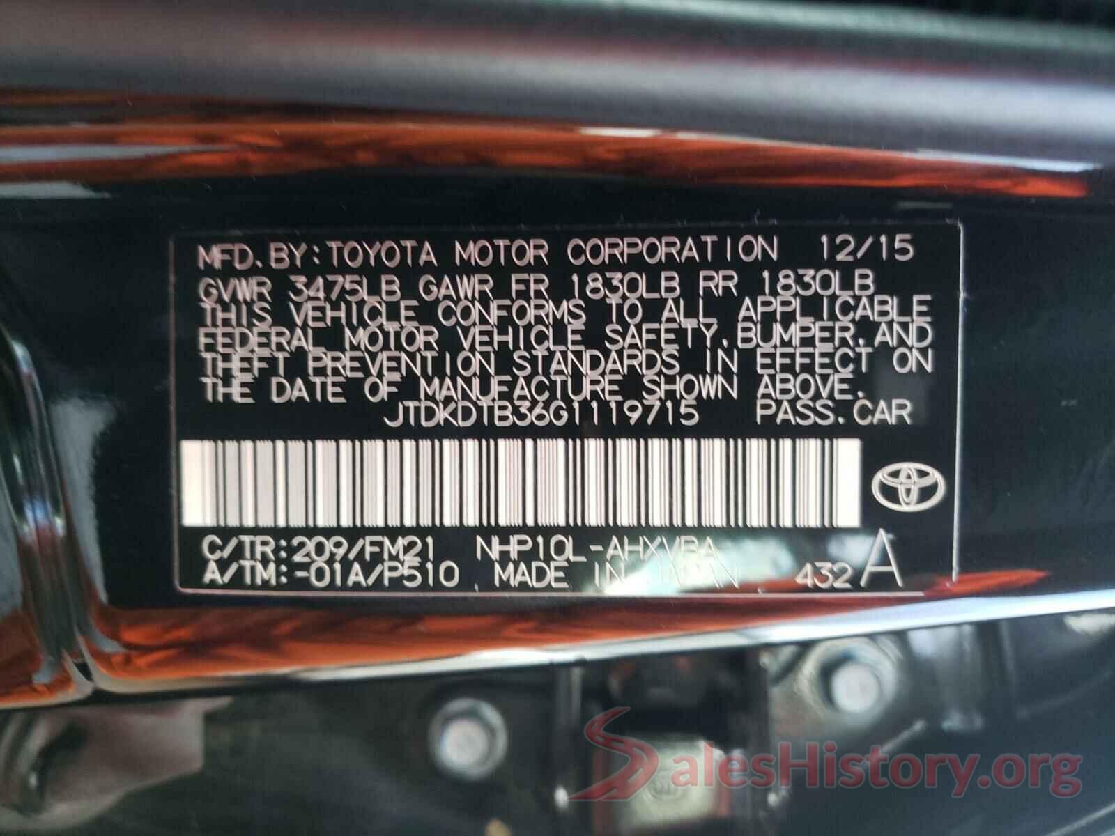 JTDKDTB36G1119715 2016 TOYOTA PRIUS