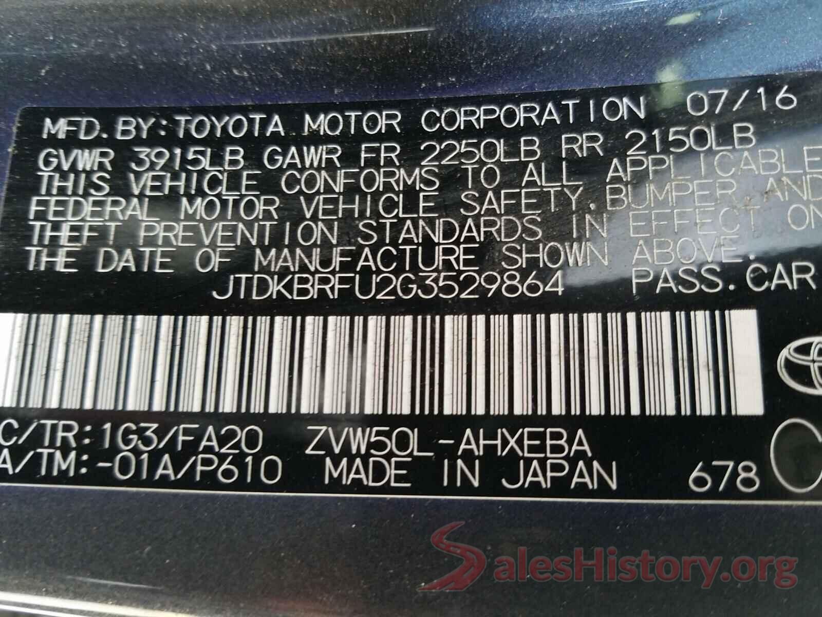 JTDKBRFU2G3529864 2016 TOYOTA PRIUS