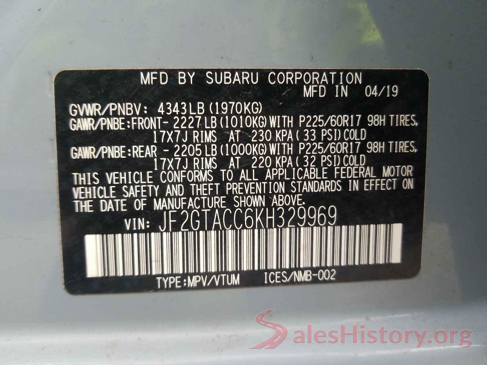 JF2GTACC6KH329969 2019 SUBARU CROSSTREK