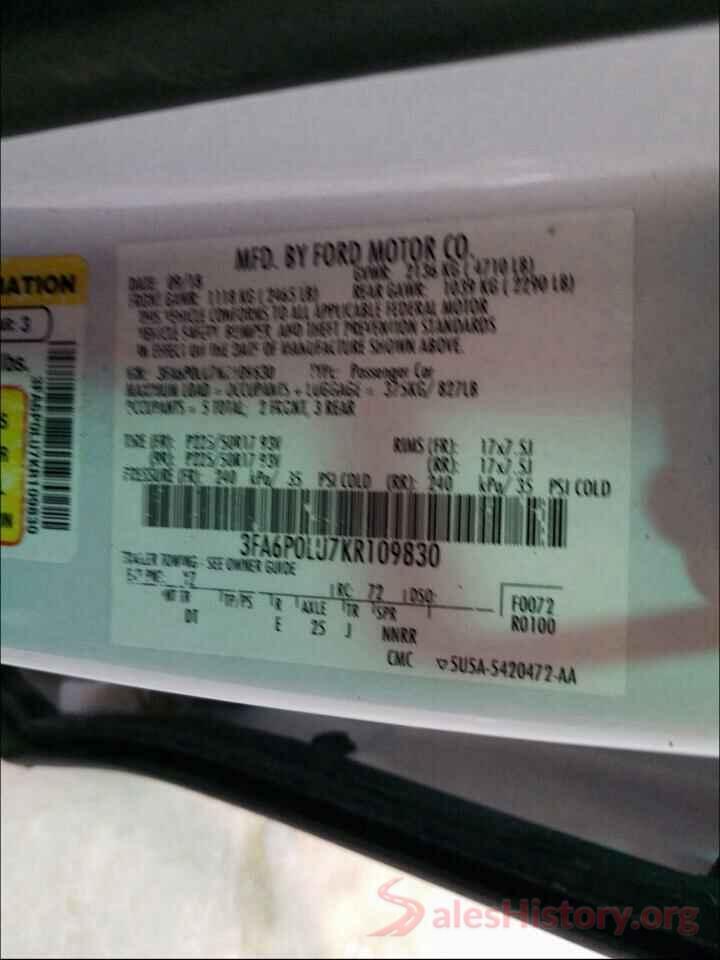 3FA6P0LU7KR109830 2019 FORD FUSION