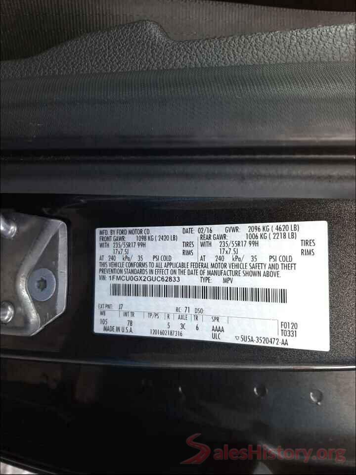 1FMCU0GX2GUC62833 2016 FORD ESCAPE