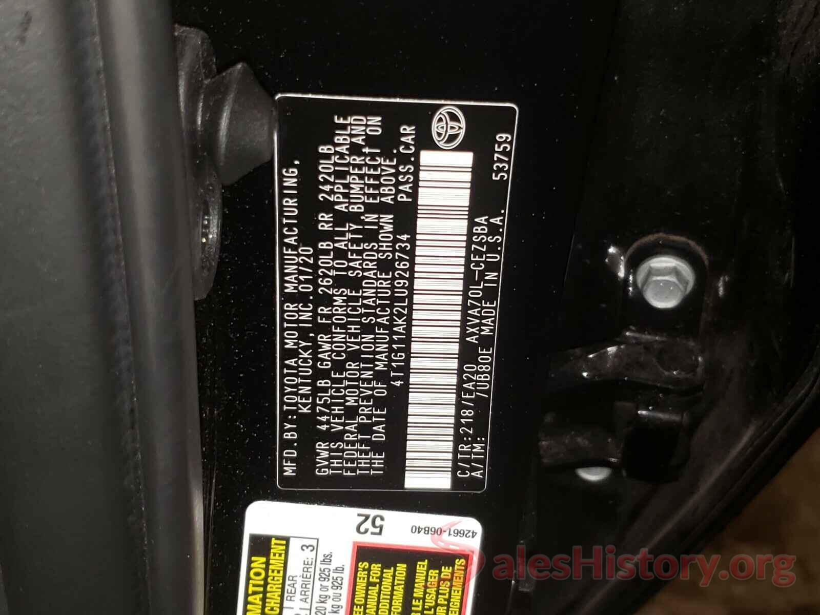 4T1G11AK2LU926734 2020 TOYOTA CAMRY