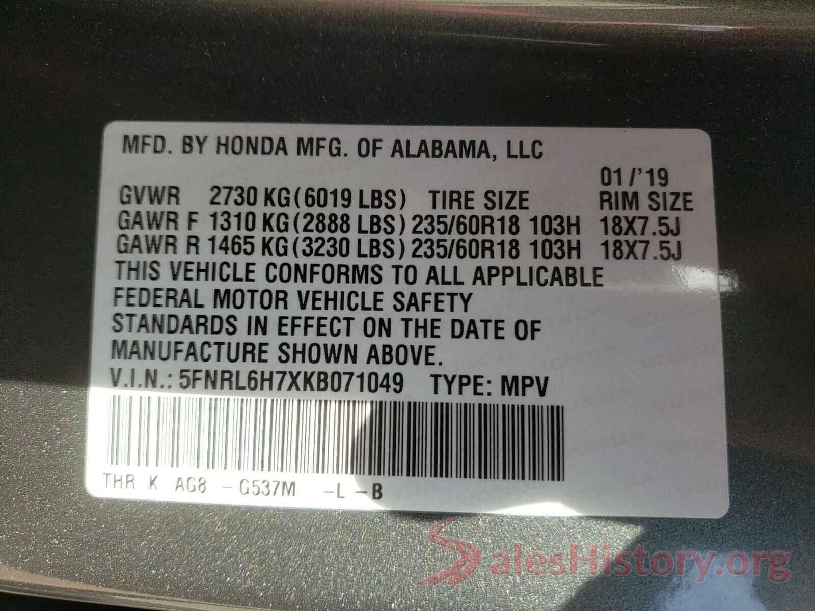 5FNRL6H7XKB071049 2019 HONDA ODYSSEY