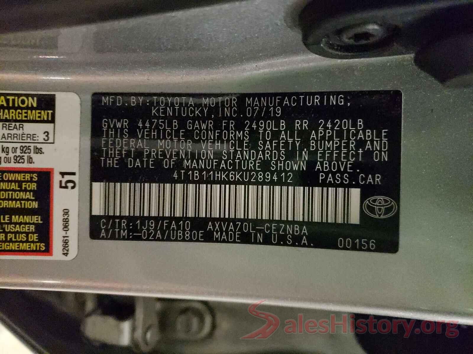 4T1B11HK6KU289412 2019 TOYOTA CAMRY