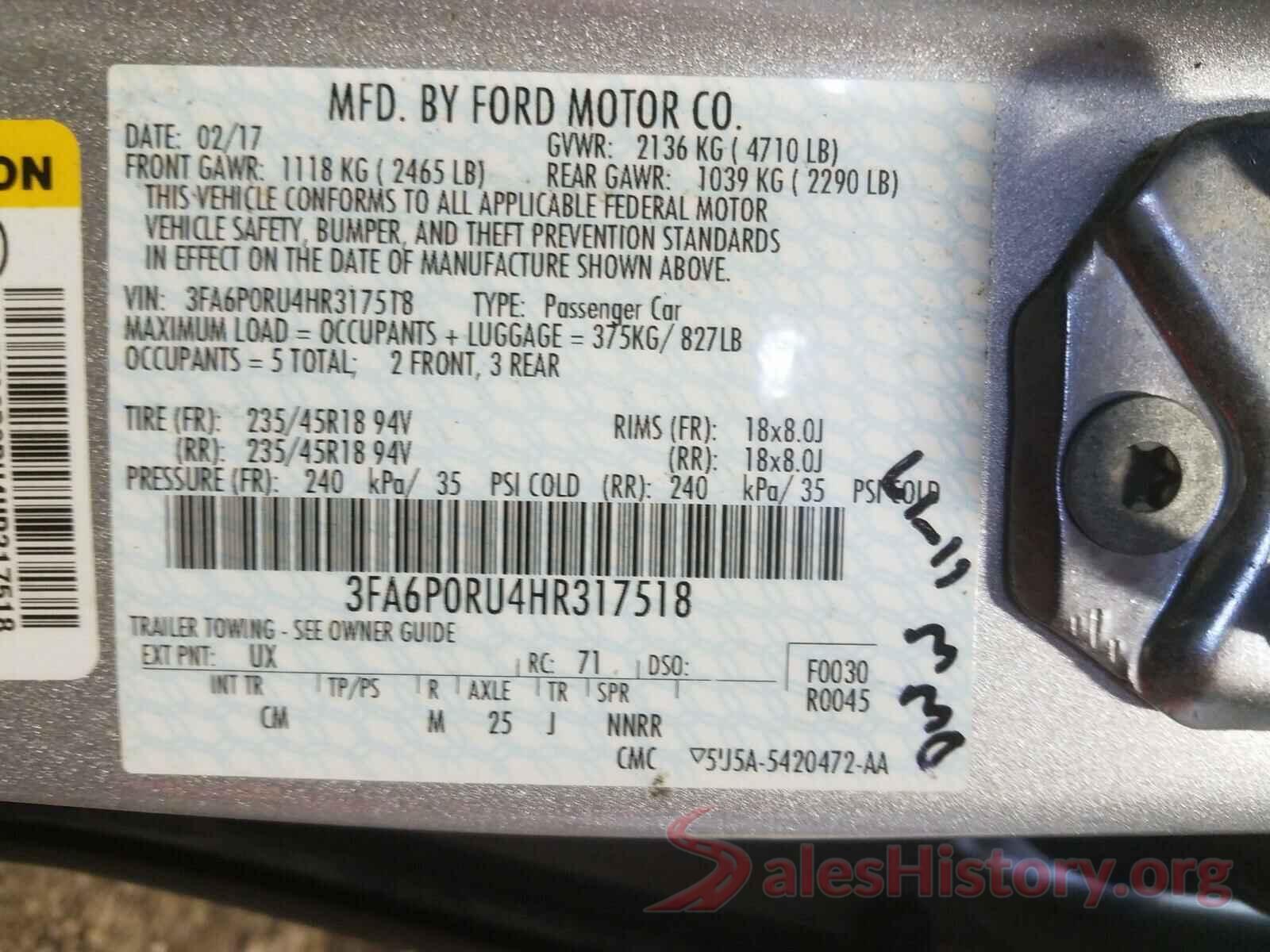 3FA6P0RU4HR317518 2017 FORD FUSION