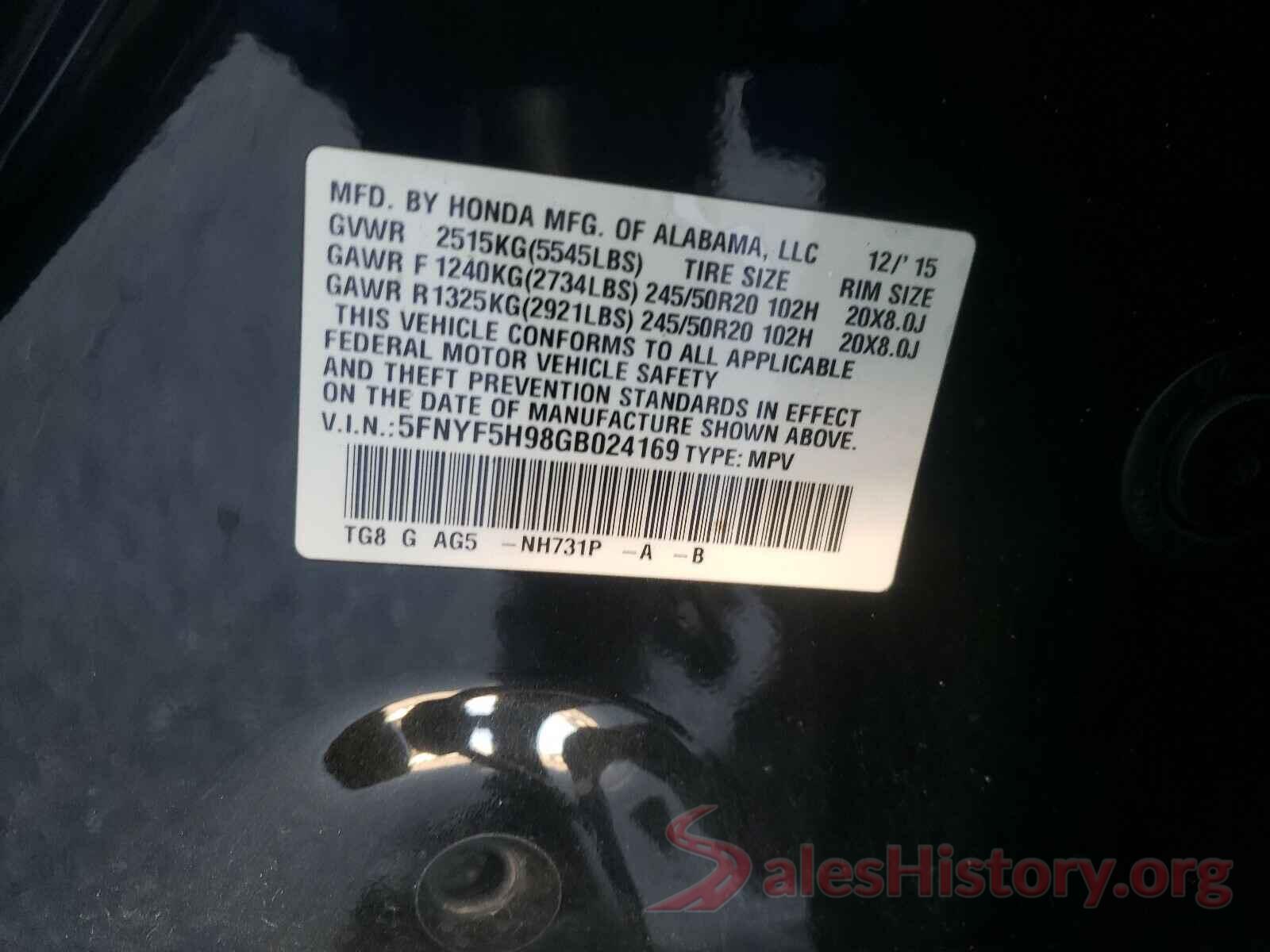 5FNYF5H98GB024169 2016 HONDA PILOT