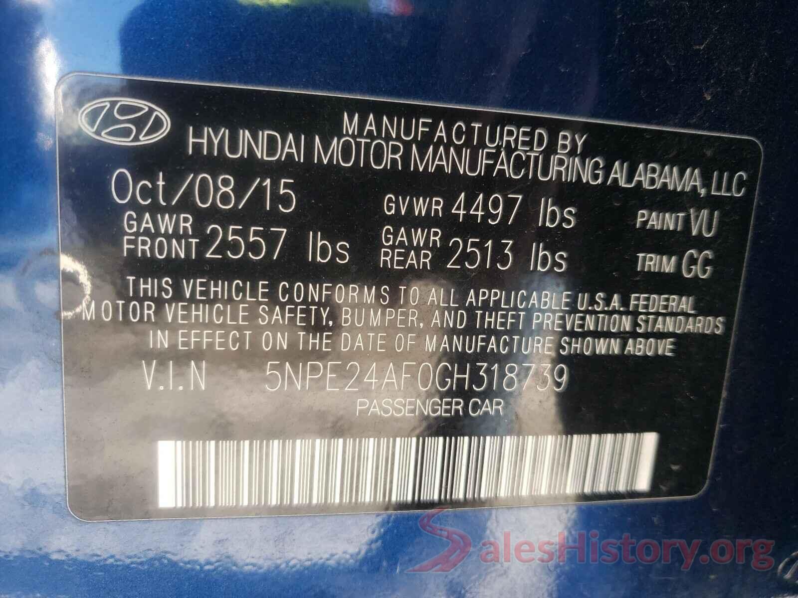 5NPE24AF0GH318739 2016 HYUNDAI SONATA