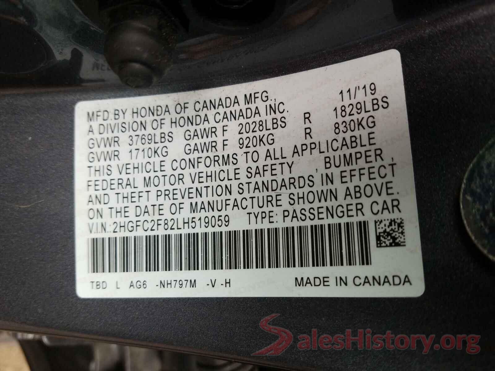 2HGFC2F82LH519059 2020 HONDA CIVIC