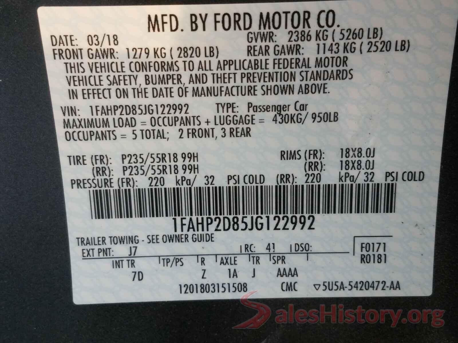 1FAHP2D85JG122992 2018 FORD TAURUS