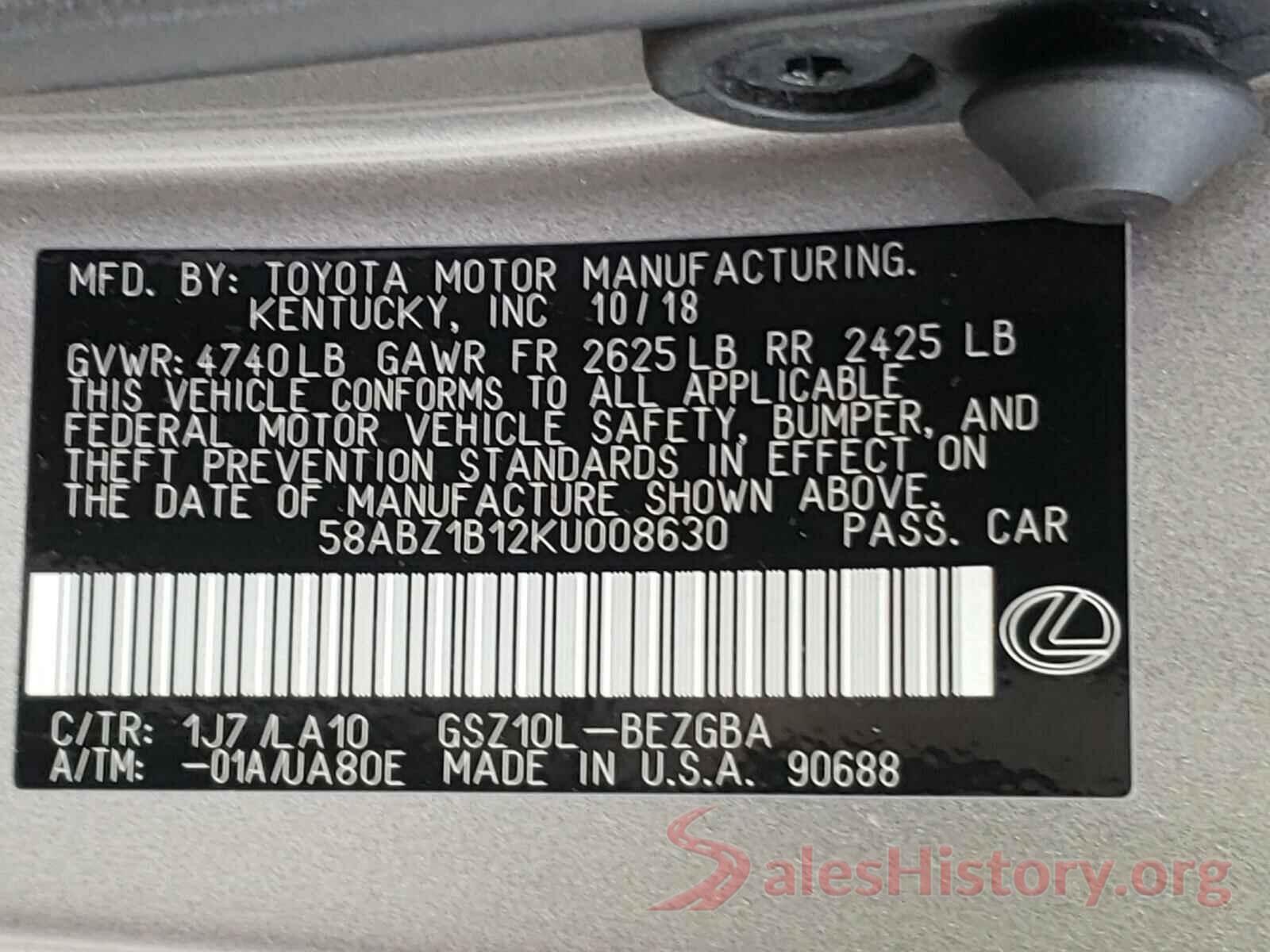 58ABZ1B12KU008630 2019 LEXUS ES350