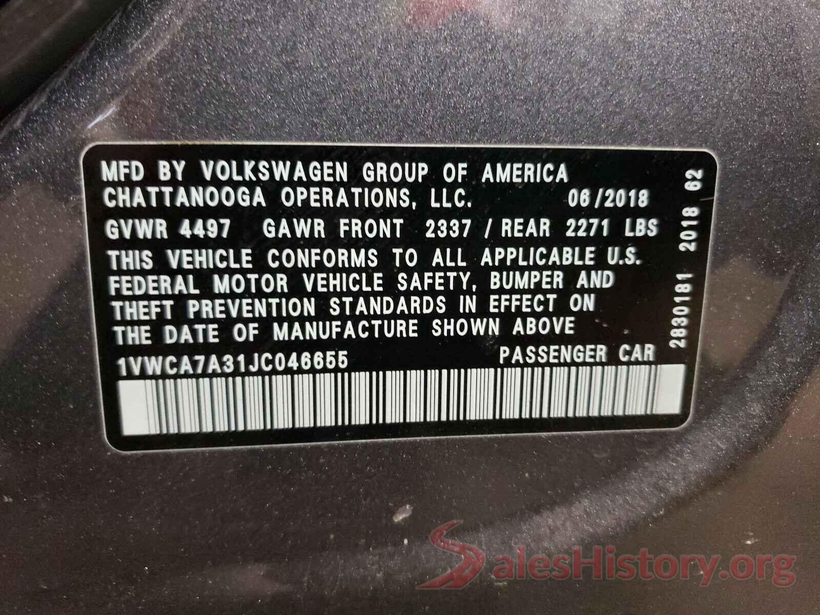 1VWCA7A31JC046655 2018 VOLKSWAGEN PASSAT