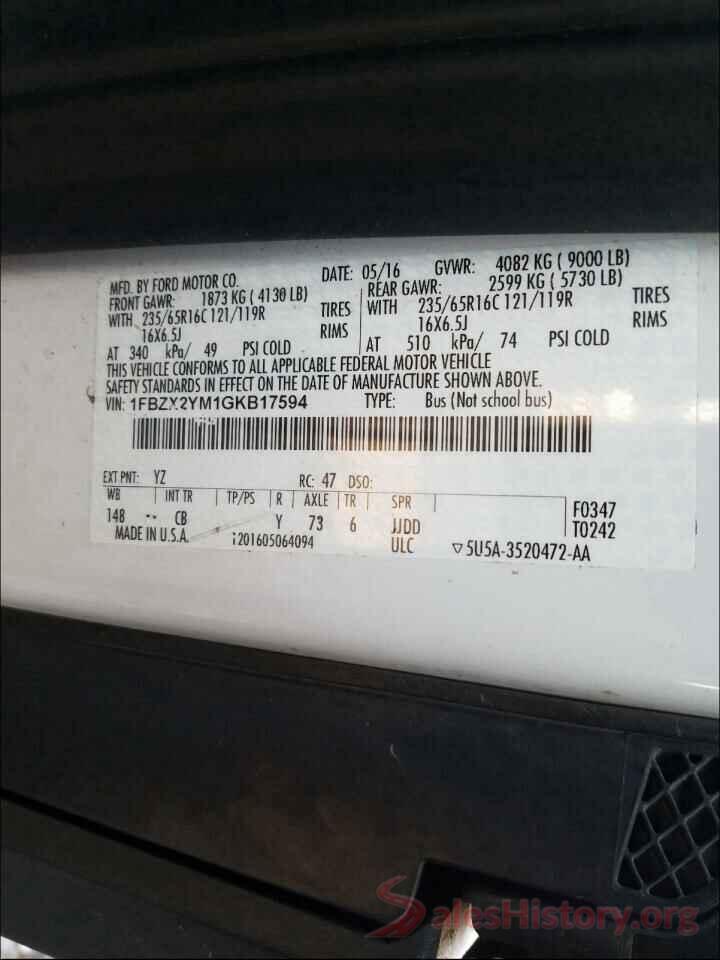 1FBZX2YM1GKB17594 2016 FORD TRANSIT CO