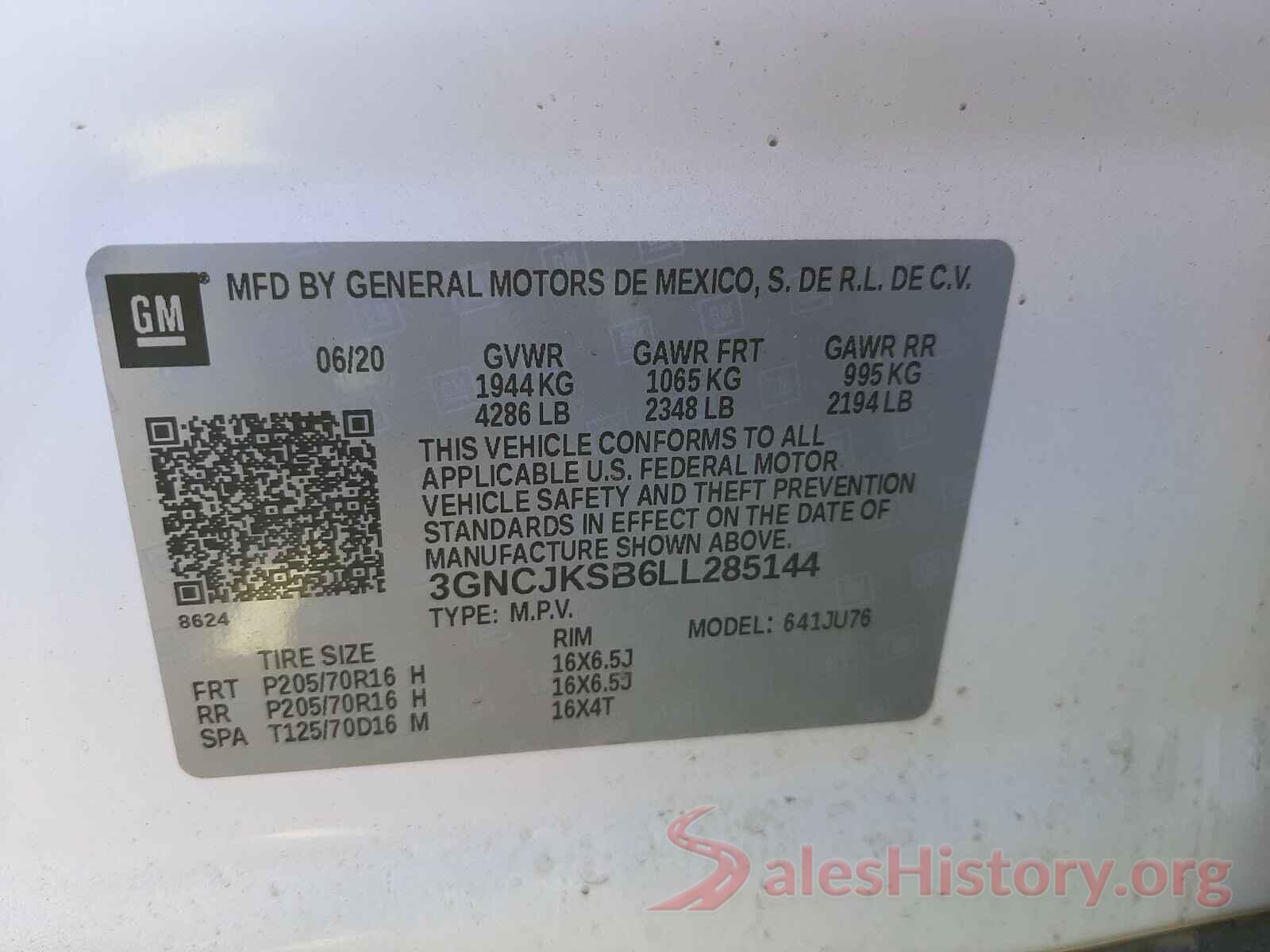 3GNCJKSB6LL285144 2020 CHEVROLET TRAX