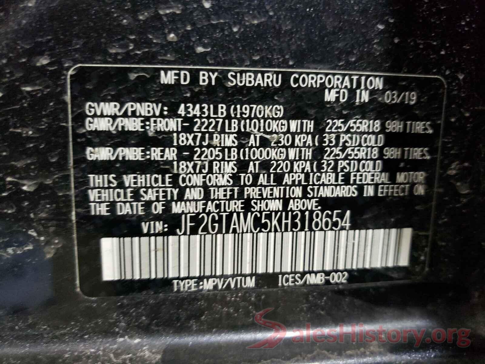 JF2GTAMC5KH318654 2019 SUBARU CROSSTREK