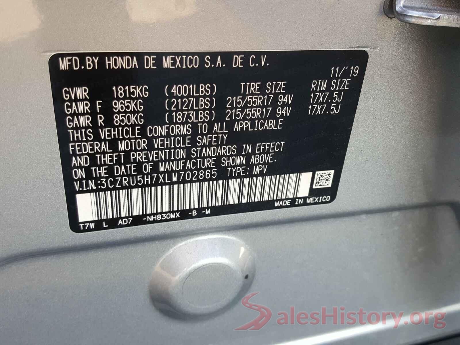 3CZRU5H7XLM702865 2020 HONDA HR-V