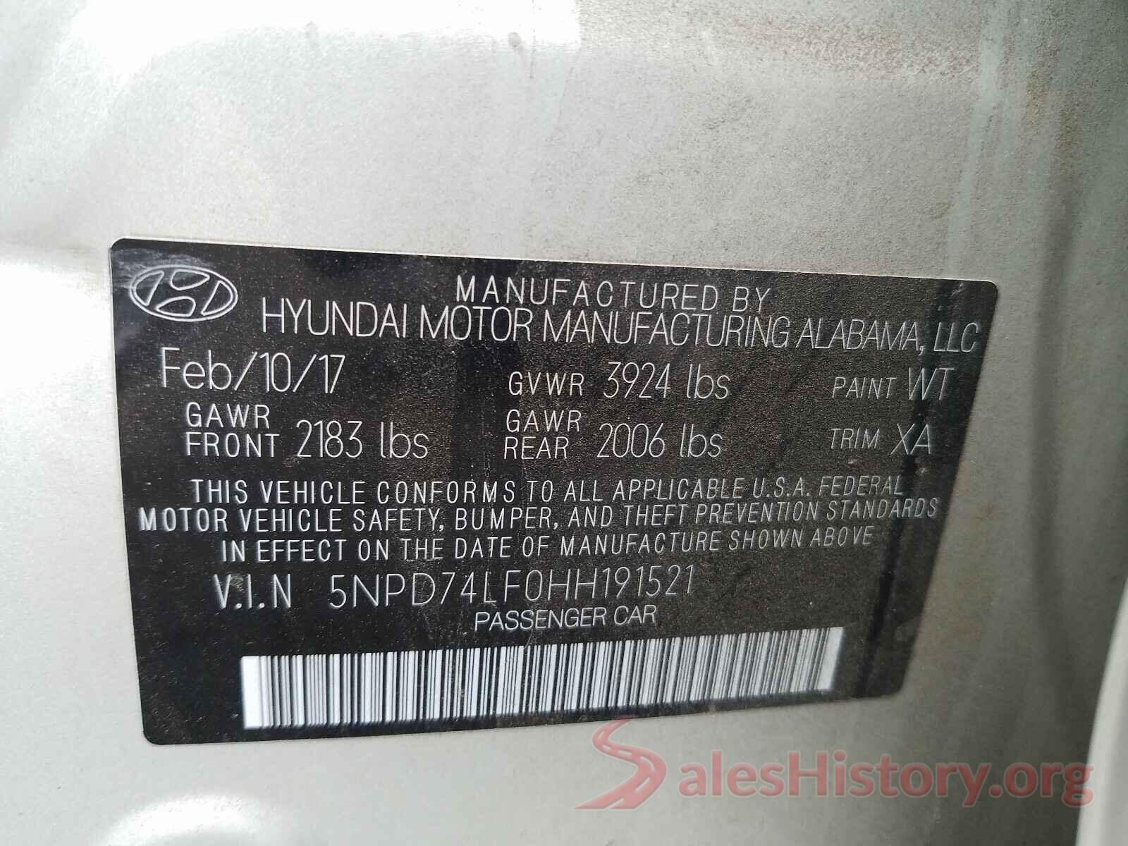 5NPD74LF0HH191521 2017 HYUNDAI ELANTRA