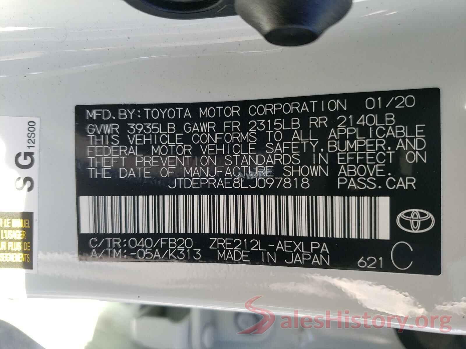 JTDEPRAE8LJ097818 2020 TOYOTA COROLLA