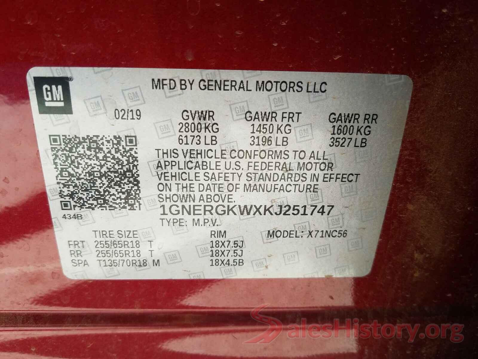 1GNERGKWXKJ251747 2019 CHEVROLET TRAVERSE