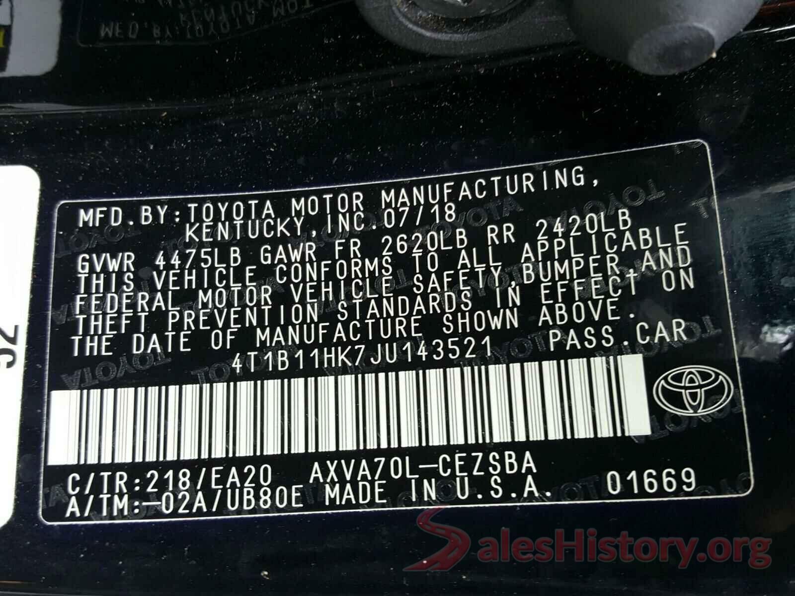 4T1B11HK7JU143521 2018 TOYOTA CAMRY