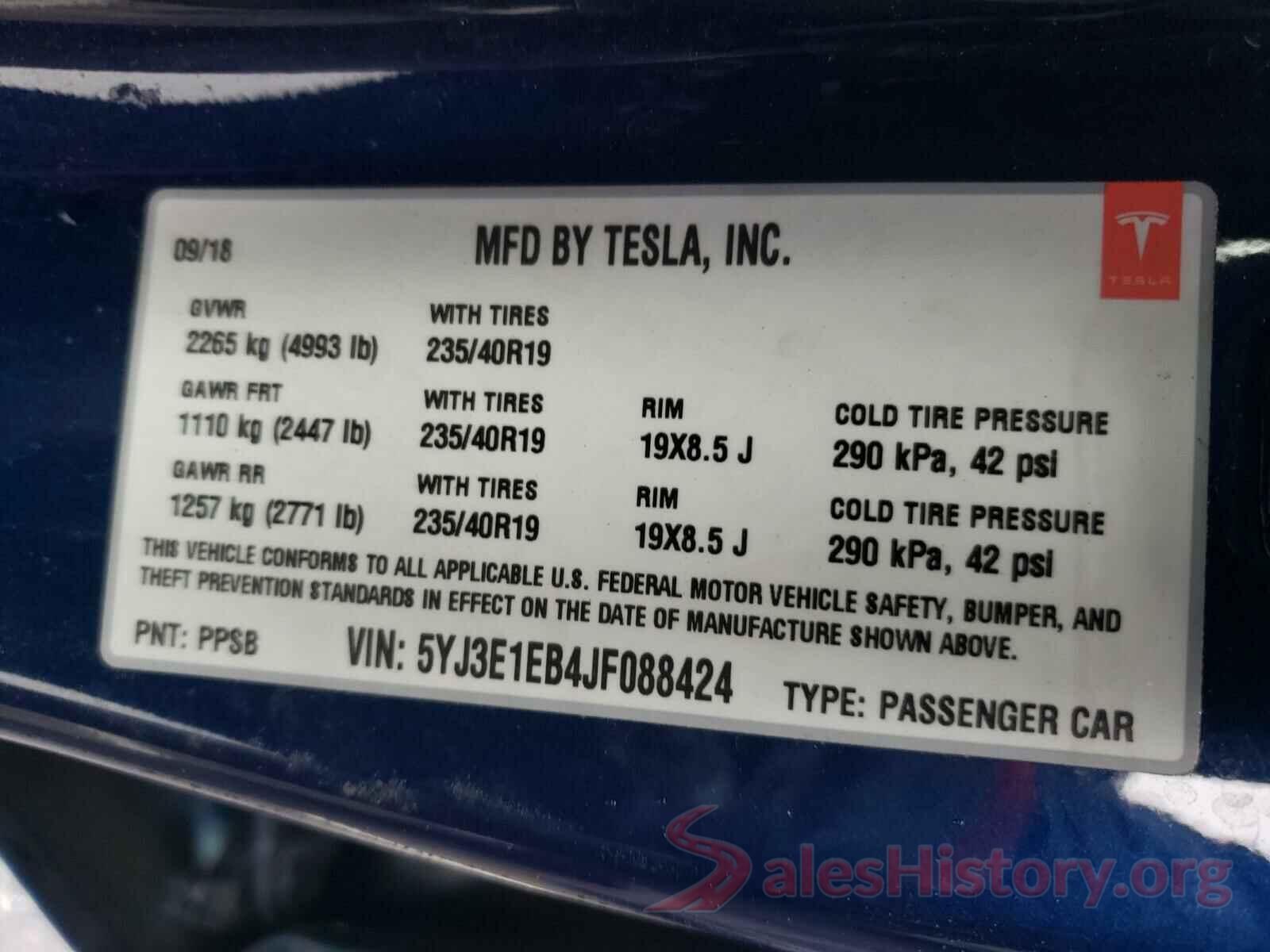 5YJ3E1EB4JF088424 2018 TESLA MODEL 3