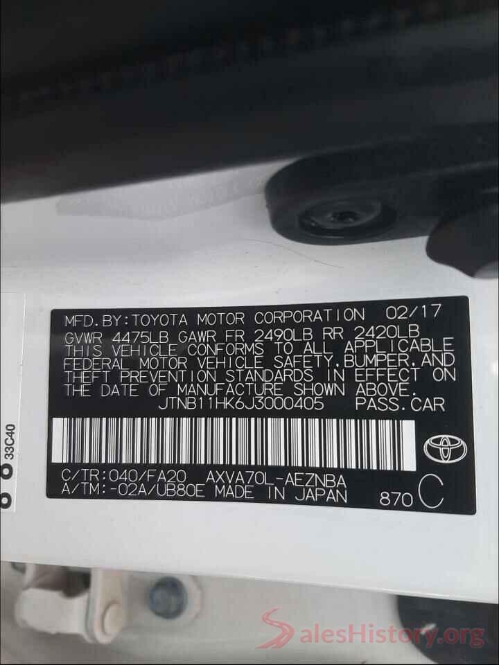 JTNB11HK6J3000405 2018 TOYOTA CAMRY