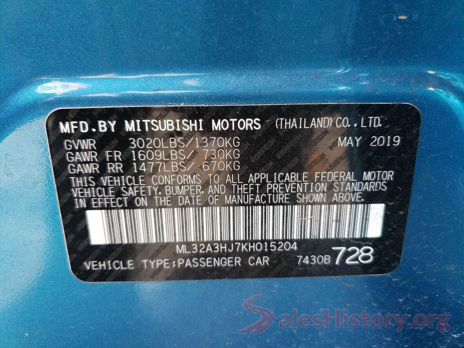 ML32A3HJ7KH015204 2019 MITSUBISHI MIRAGE