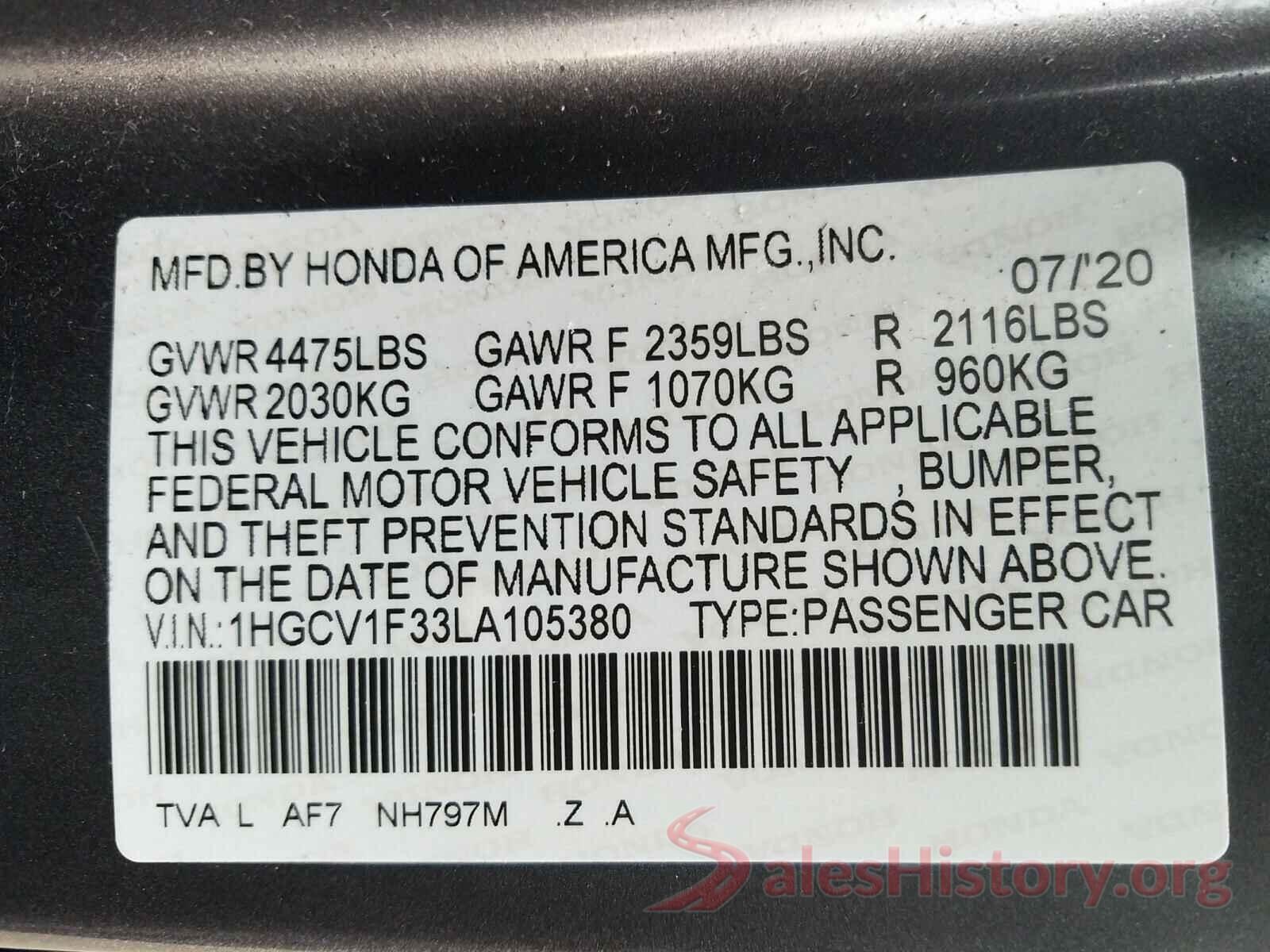 1HGCV1F33LA105380 2020 HONDA ACCORD