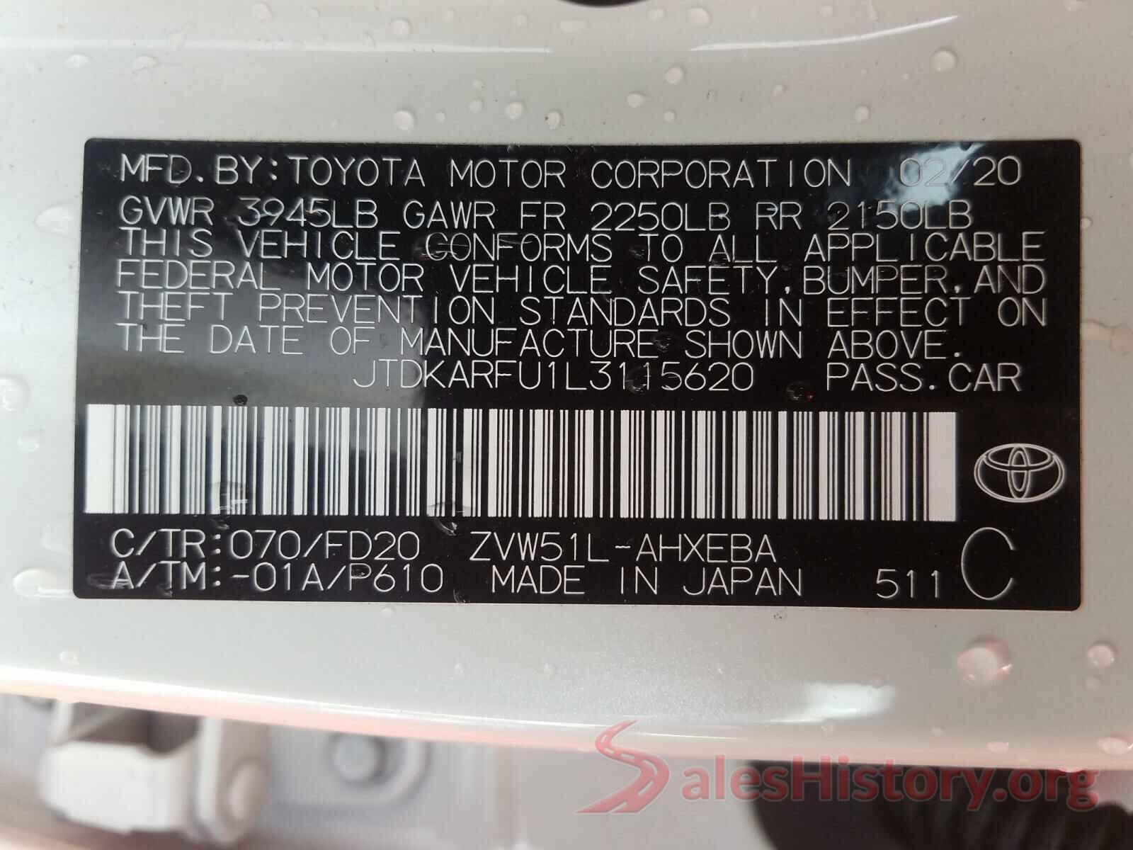 JTDKARFU1L3115620 2020 TOYOTA PRIUS