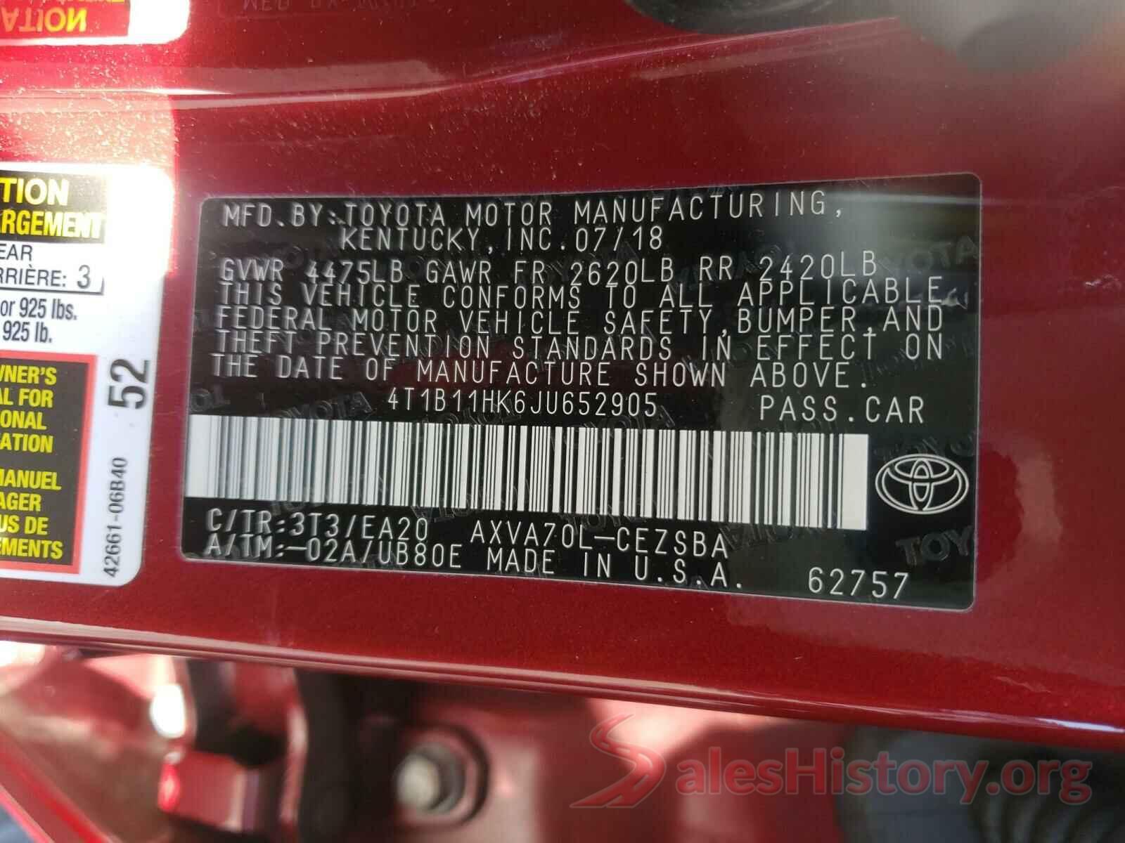 4T1B11HK6JU652905 2018 TOYOTA CAMRY