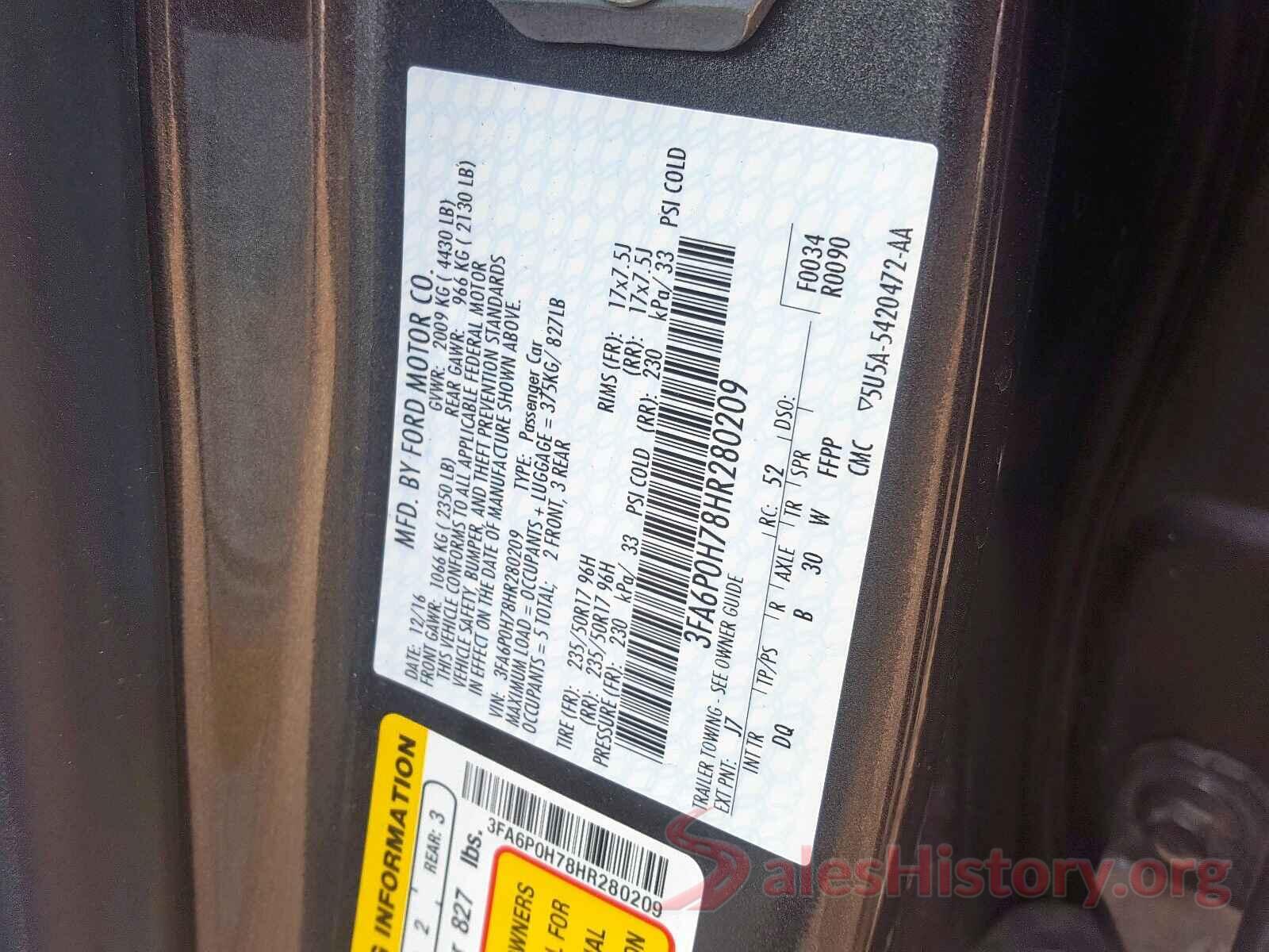 3FA6P0H78HR280209 2017 FORD FUSION