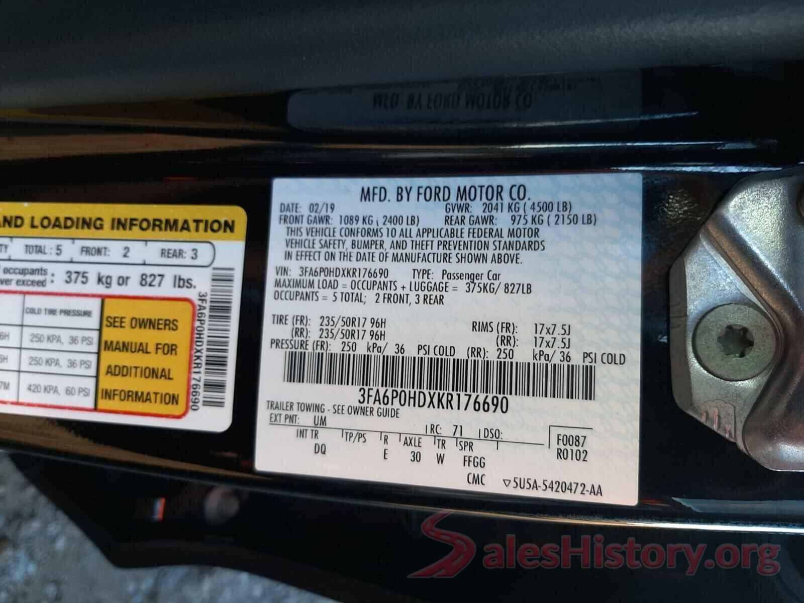 3FA6P0HDXKR176690 2019 FORD FUSION