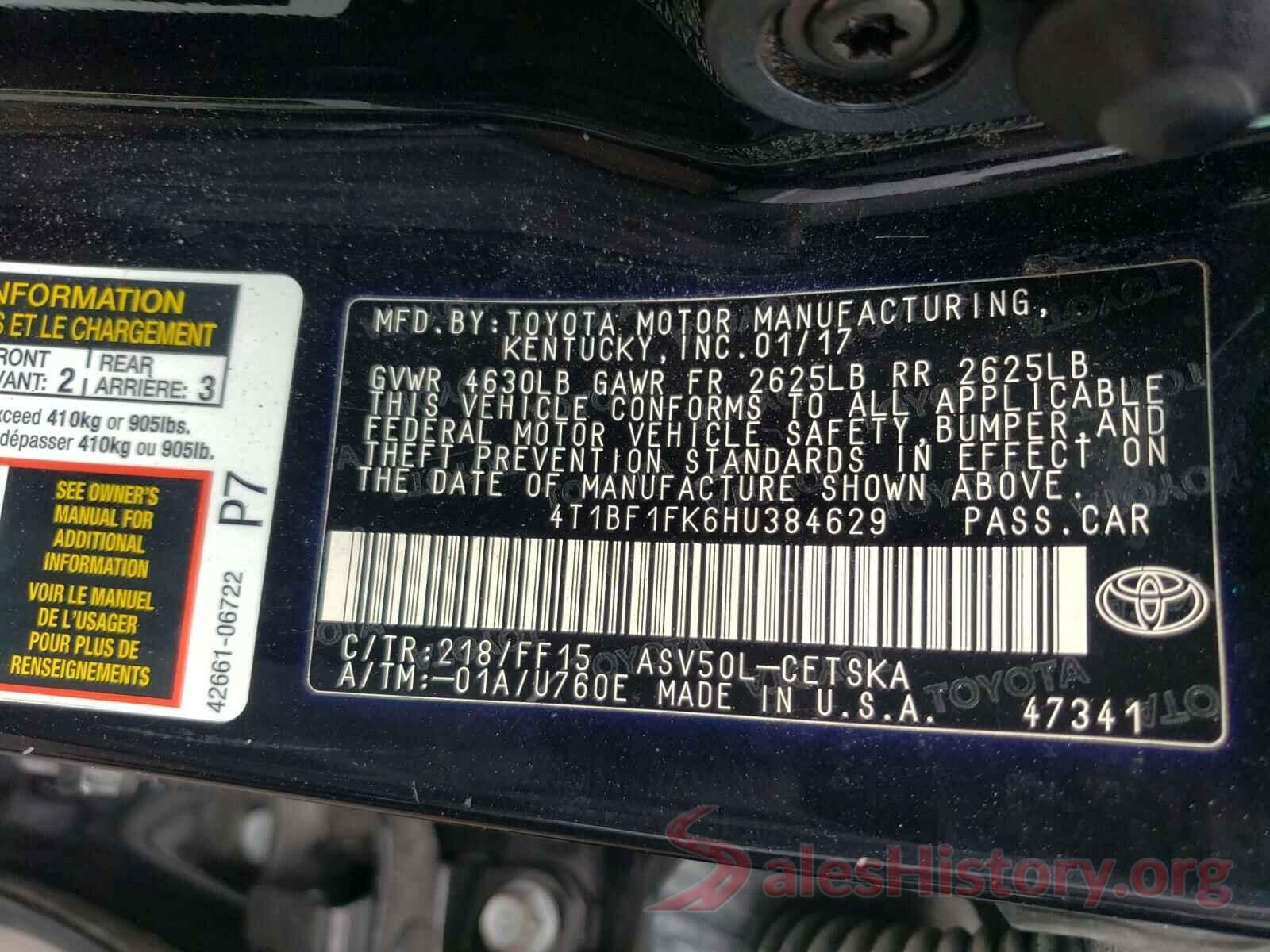 4T1BF1FK6HU384629 2017 TOYOTA CAMRY