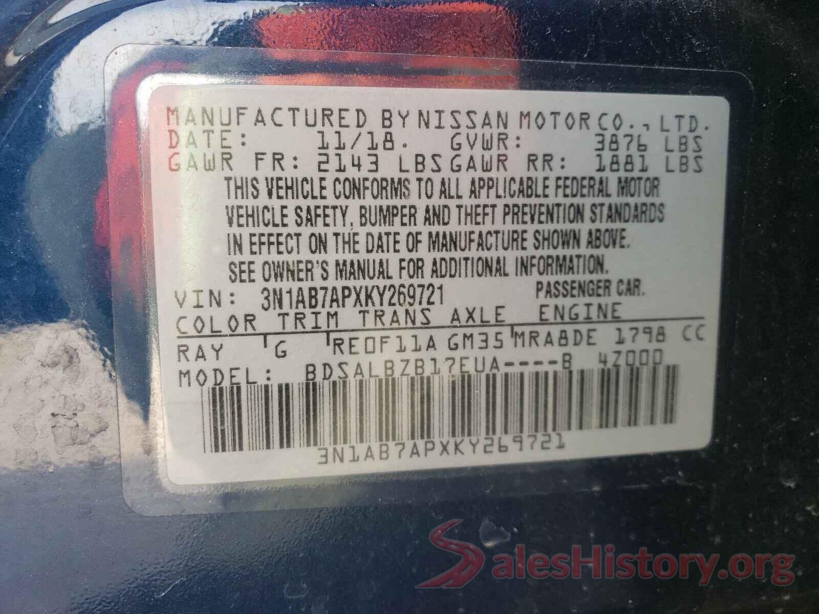 3N1AB7APXKY269721 2019 NISSAN SENTRA