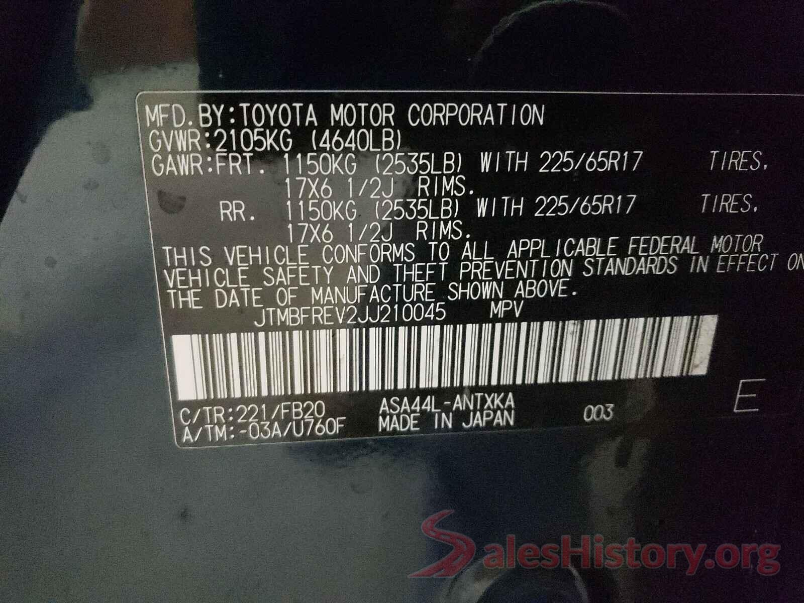 JTMBFREV2JJ210045 2018 TOYOTA RAV4