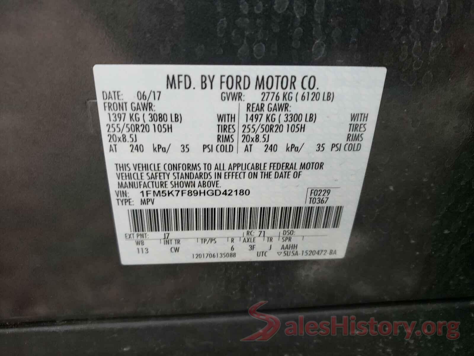 1FM5K7F89HGD42180 2017 FORD EXPLORER