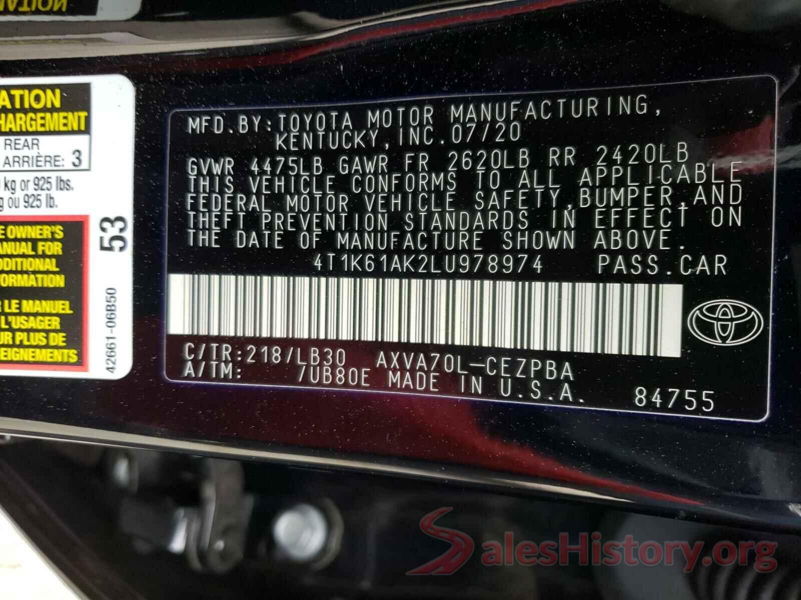 4T1K61AK2LU978974 2020 TOYOTA CAMRY