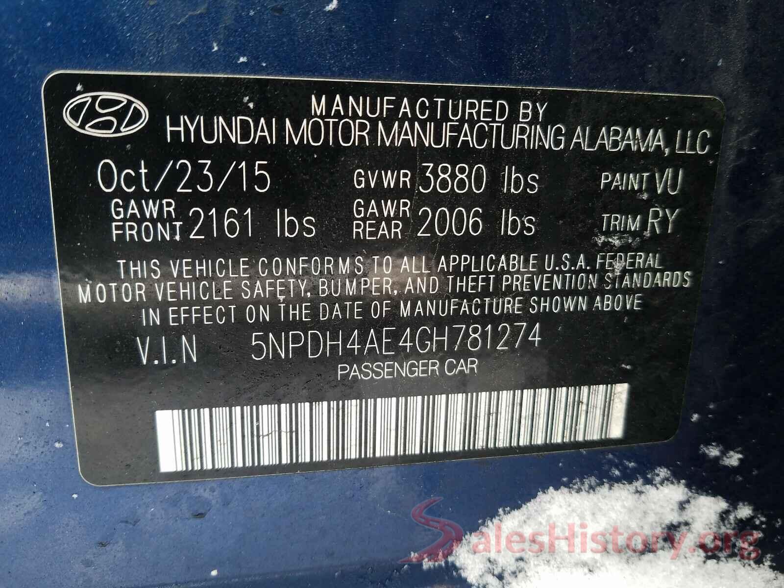 5NPDH4AE4GH781274 2016 HYUNDAI ELANTRA