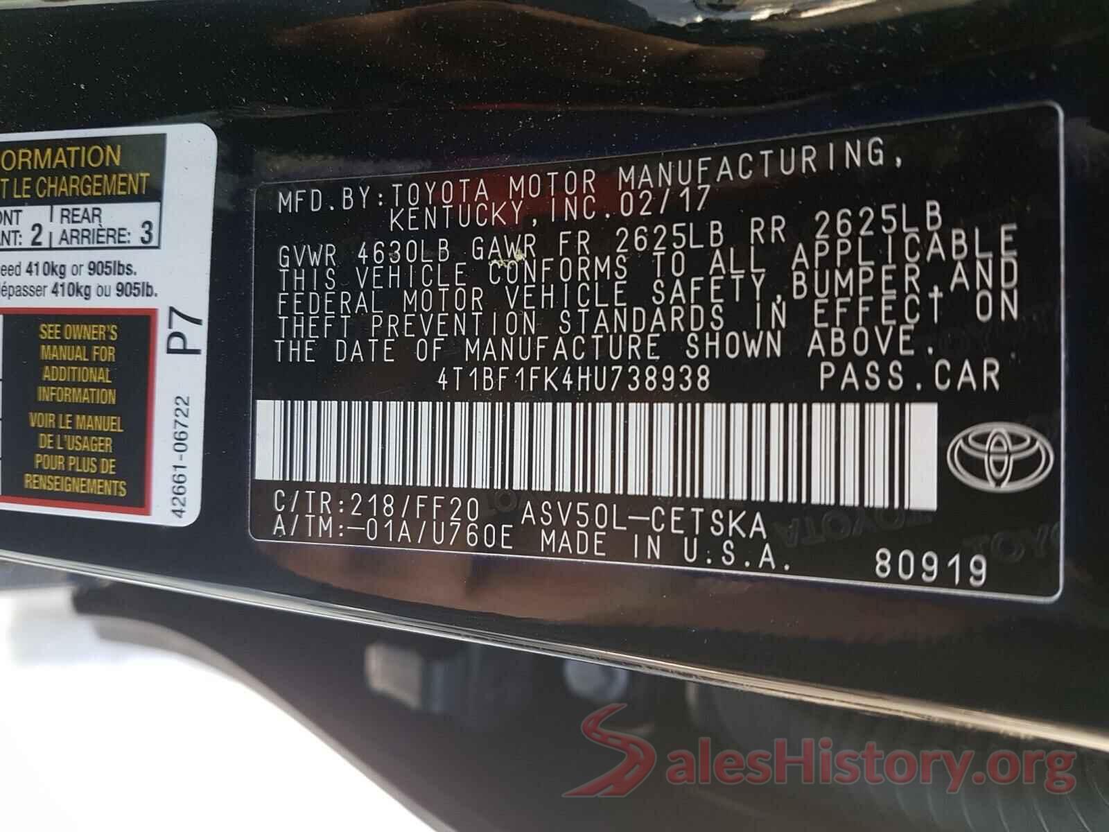 4T1BF1FK4HU738938 2017 TOYOTA CAMRY