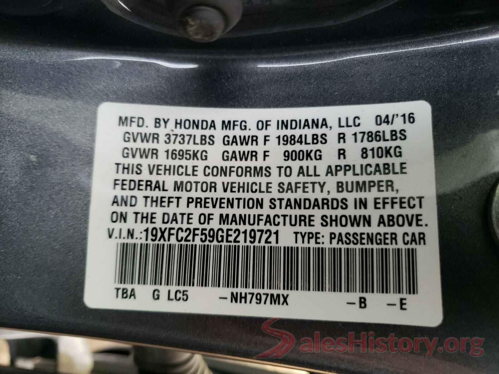 19XFC2F59GE219721 2016 HONDA CIVIC