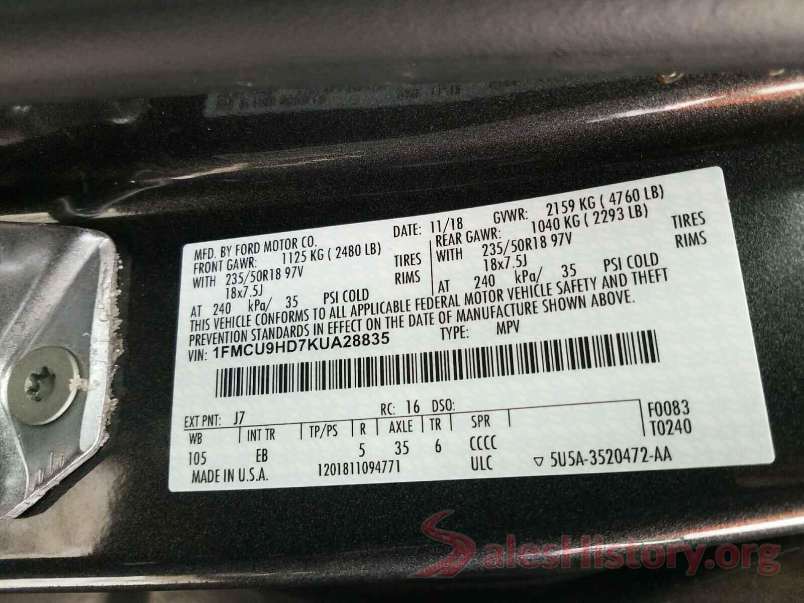 1FMCU9HD7KUA28835 2019 FORD ESCAPE