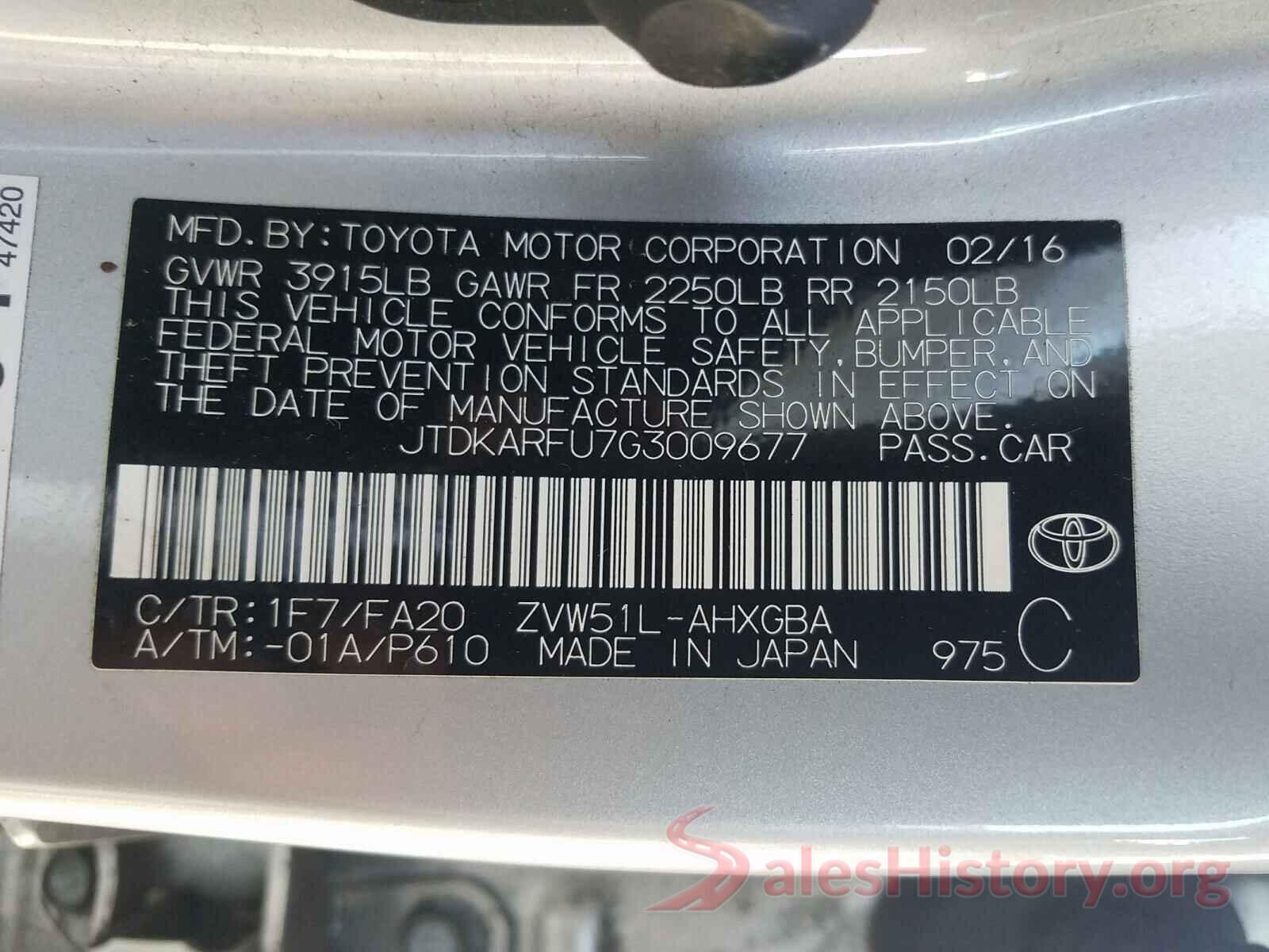 JTDKARFU7G3009677 2016 TOYOTA PRIUS