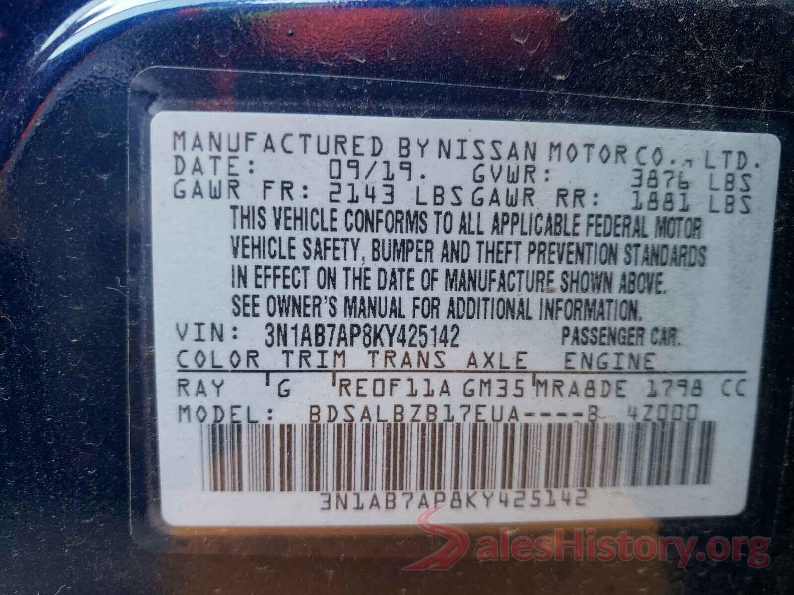 3N1AB7AP8KY425142 2019 NISSAN SENTRA