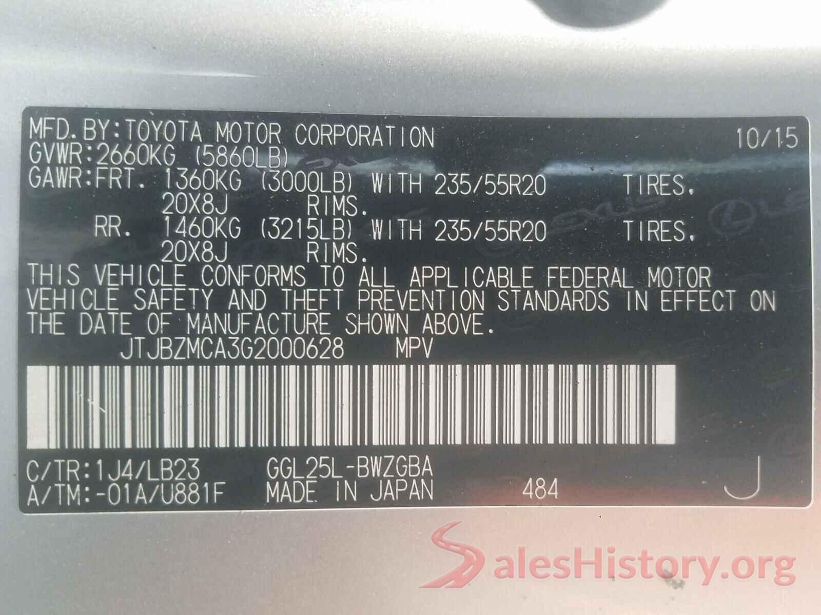 JTJBZMCA3G2000628 2016 LEXUS RX350