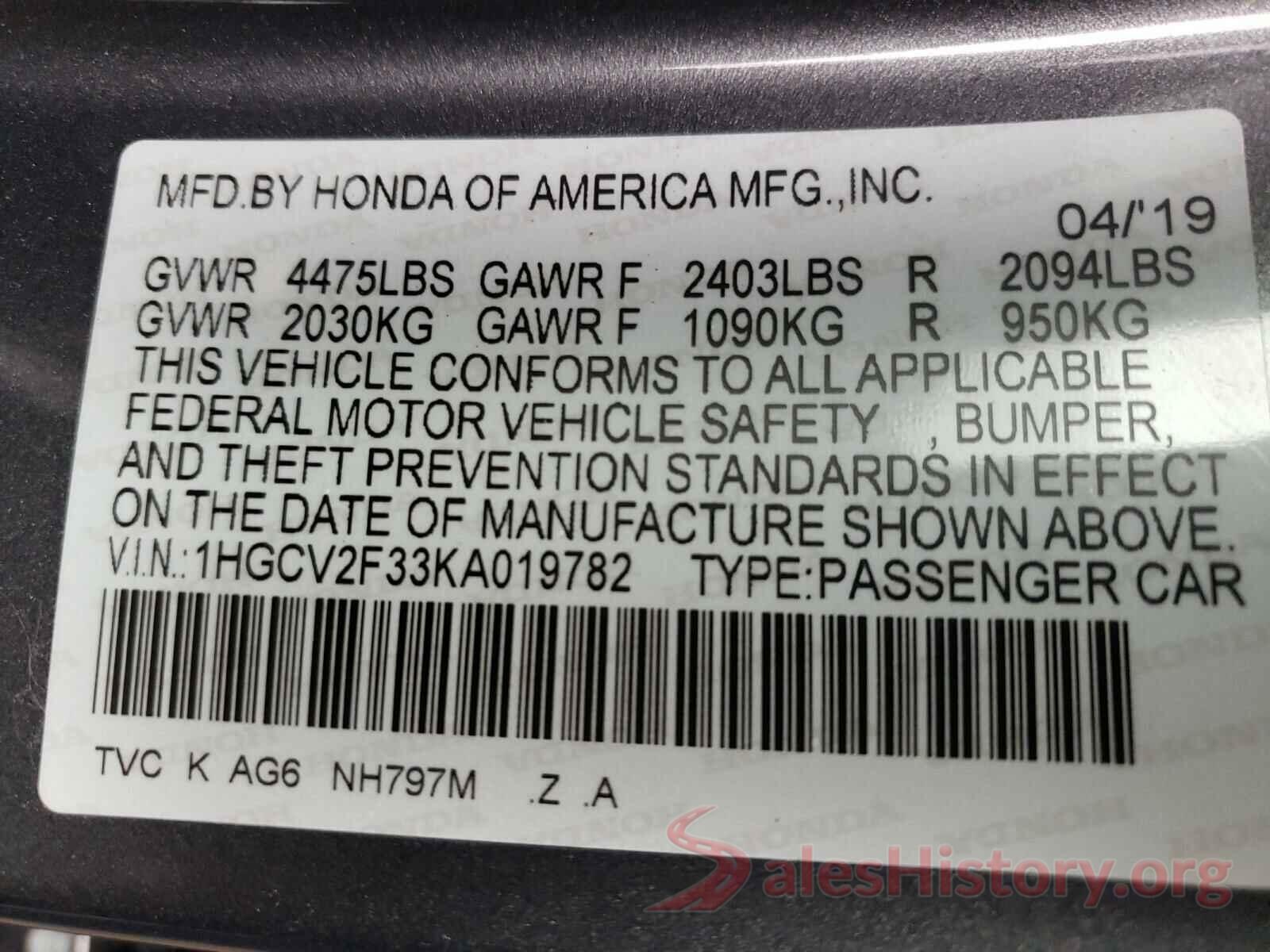 1HGCV2F33KA019782 2019 HONDA ACCORD